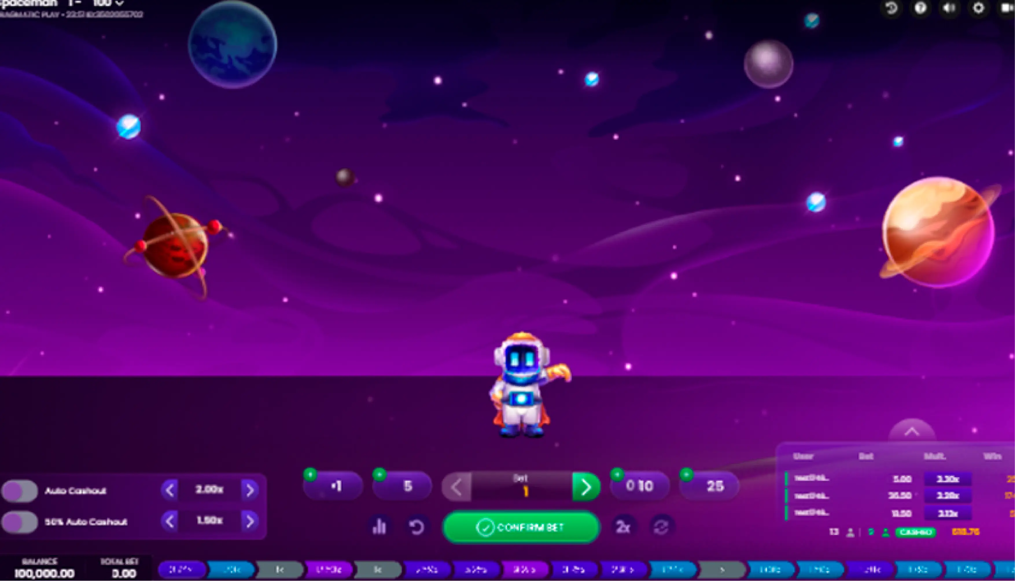 Interface do jogo Spaceman mostrando multiplicadores crescentes